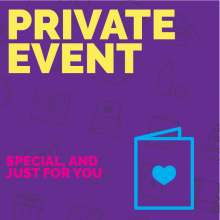 Private Event: Special and just for you! a purple background with text and icons